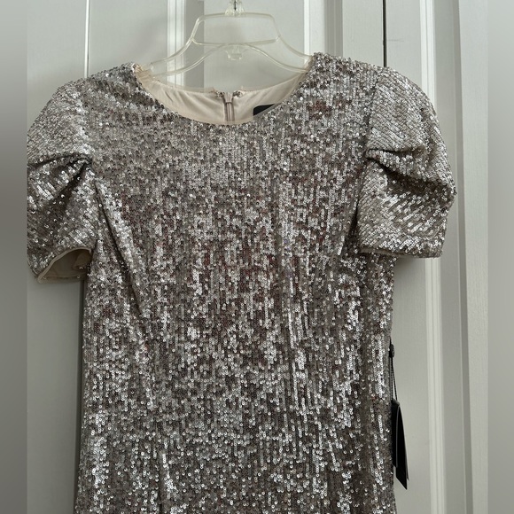 ADRIANNA PAPELL SEQUIN SILVER EVENING SHEATH DRESS SIZE 10P - Picture 8 of 10